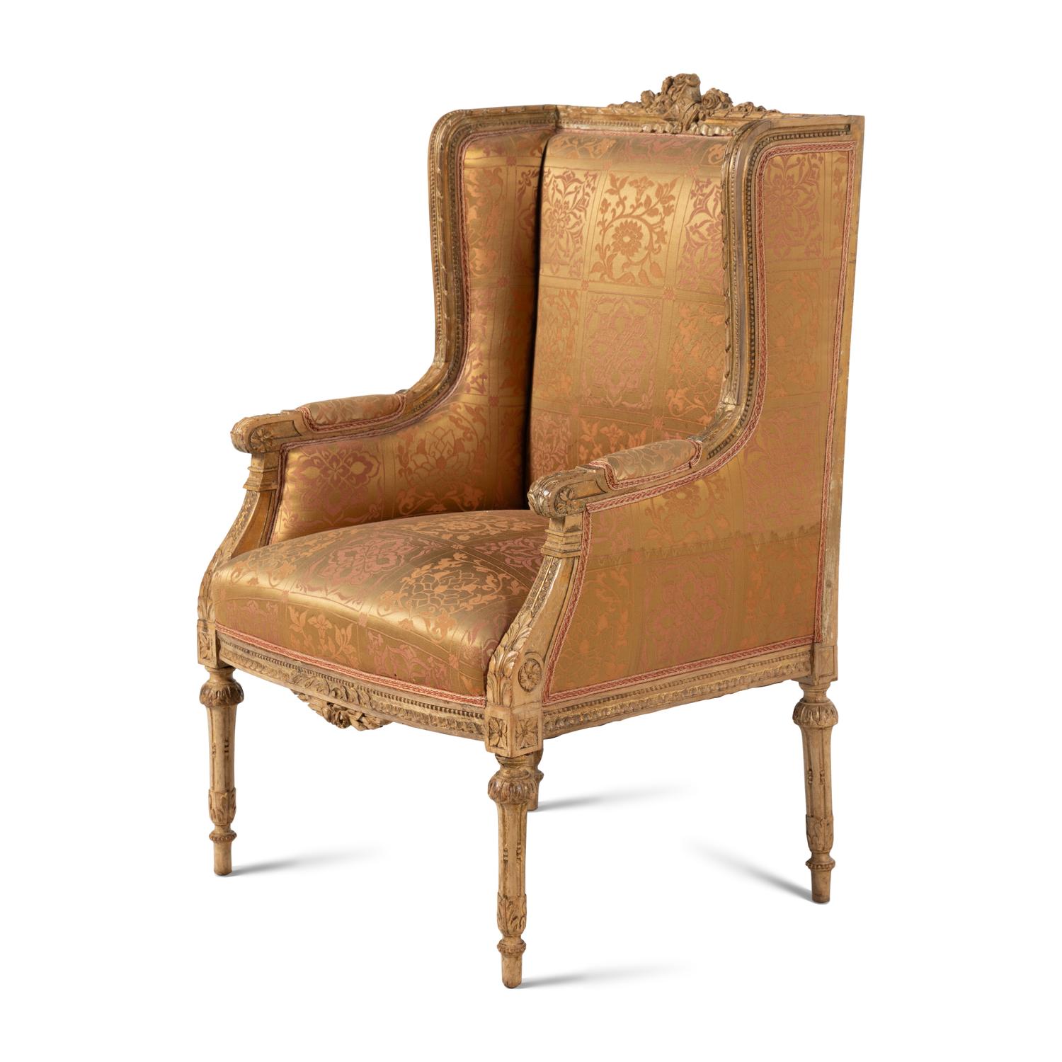 A Pair of Louis XVI Carved Giltwood Bergères