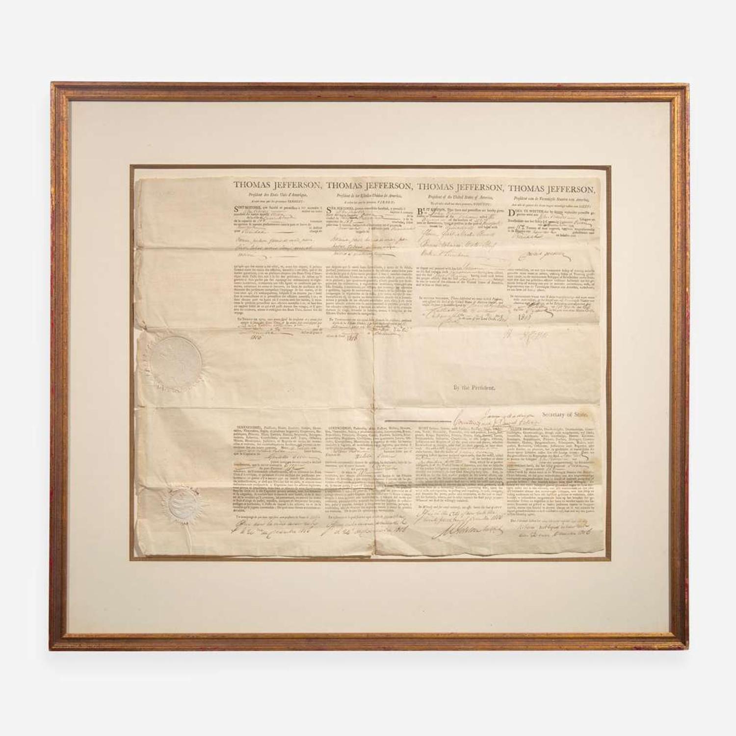 [Presidential] Jefferson, Thomas, and James Madison Partially-Printed Ship's Passport, signed