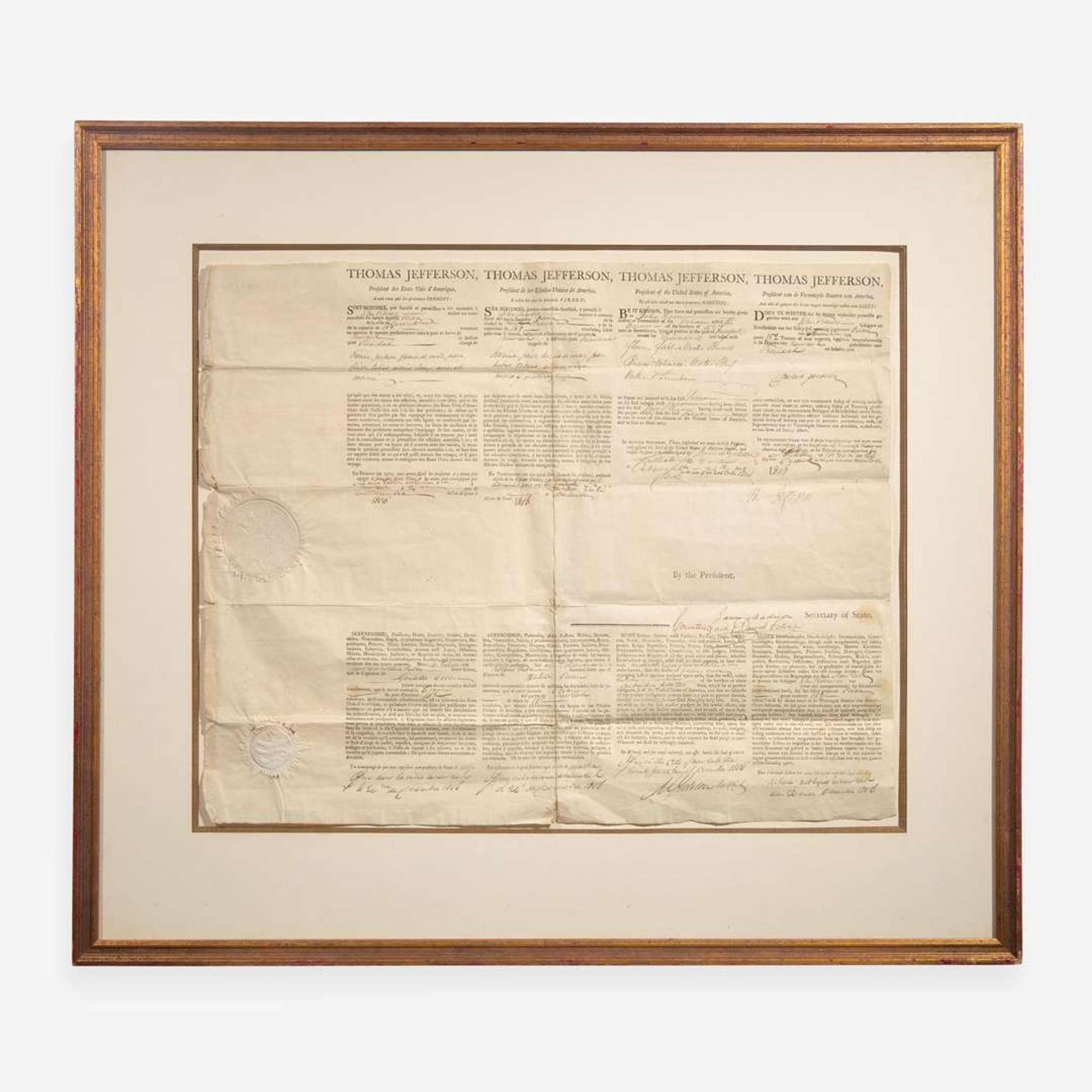 [Presidential] Jefferson, Thomas, and James Madison Partially-Printed Ship's Passport, signed