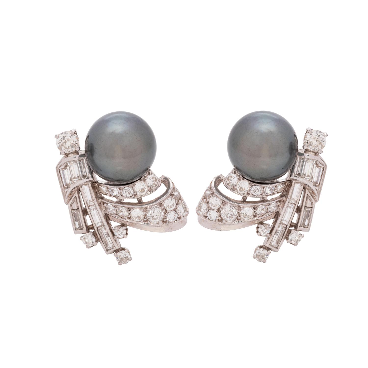 CULTURED TAHITIAN PEARL AND DIAMOND EARCLIPS