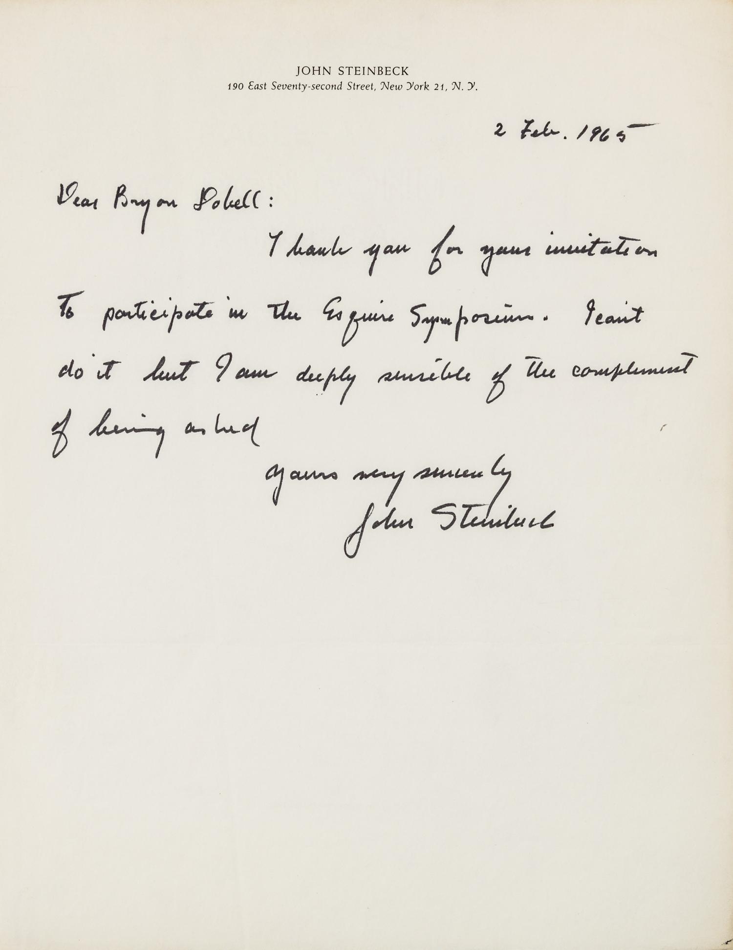 STEINBECK, John (1902-1968). Autograph letter signed ("John Steinbeck"), to Bryan Dobell. New York, NY, 2 February 1965.