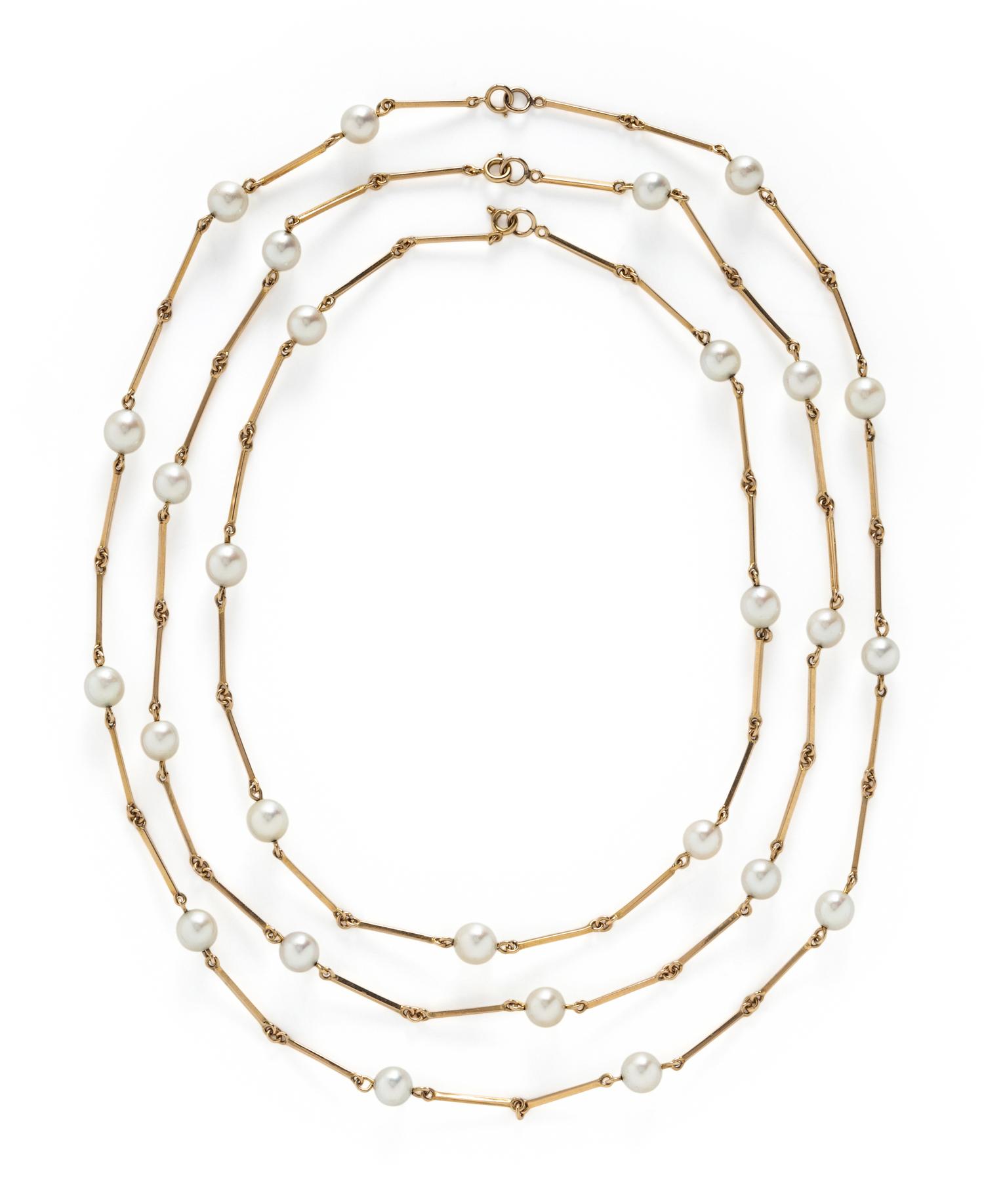THREE NESTING CULTURED PEARL AND YELLOW GOLD STATION NECKLACES
