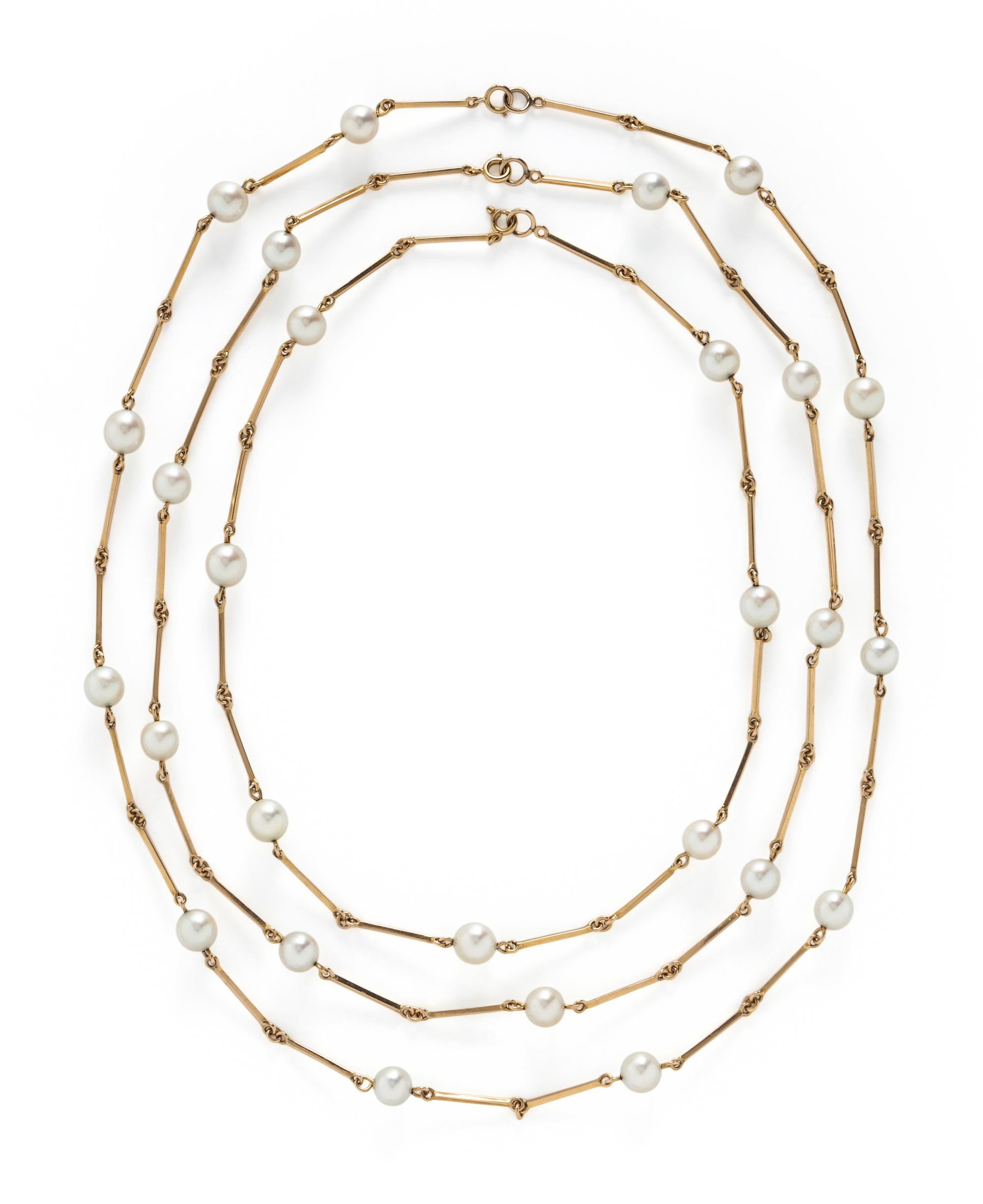 THREE NESTING CULTURED PEARL AND YELLOW GOLD STATION NECKLACES