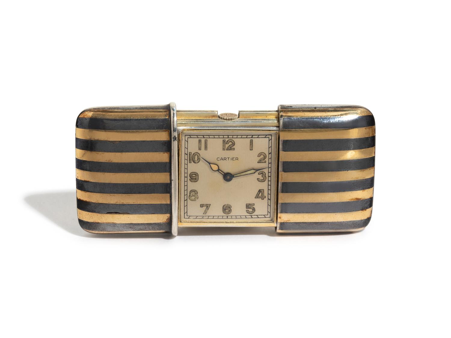 CARTIER, ART DECO, STERLING SILVER, STEEL AND GOLD-PLATE TRAVEL CLOCK
