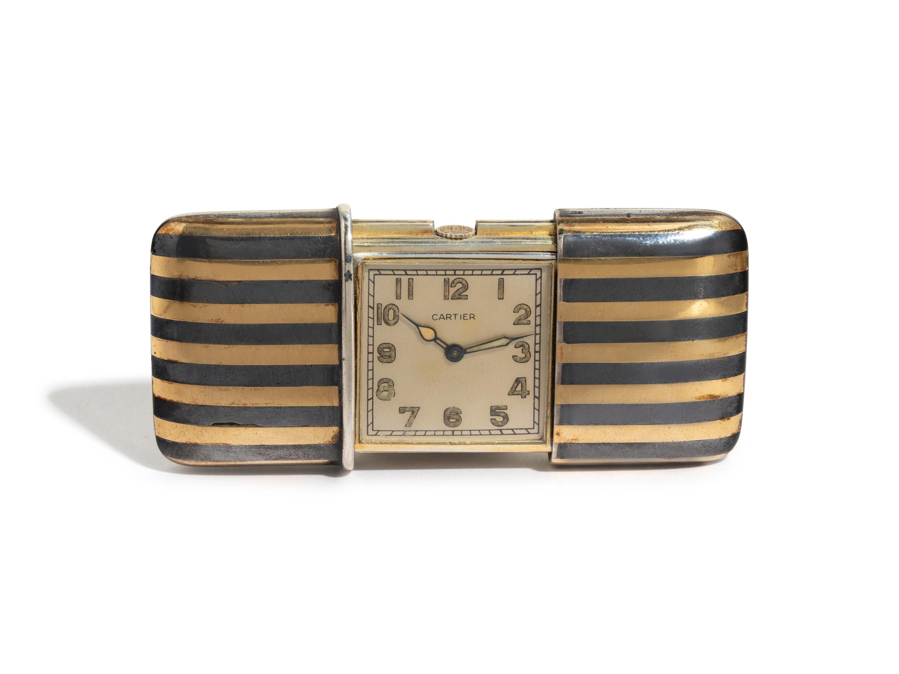 CARTIER, ART DECO, STERLING SILVER, STEEL AND GOLD-PLATE TRAVEL CLOCK