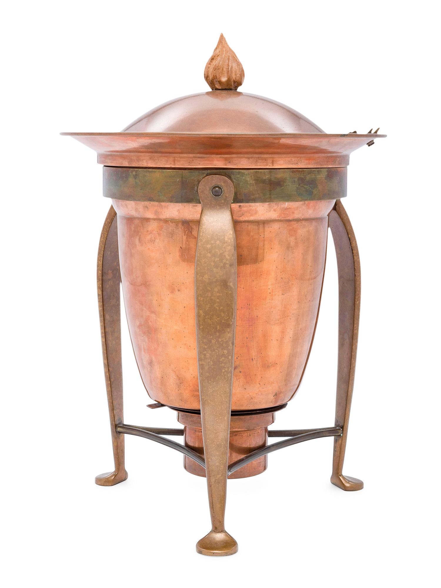 An American Brass, Copper and Aluminum Tureen with Lid and Stand