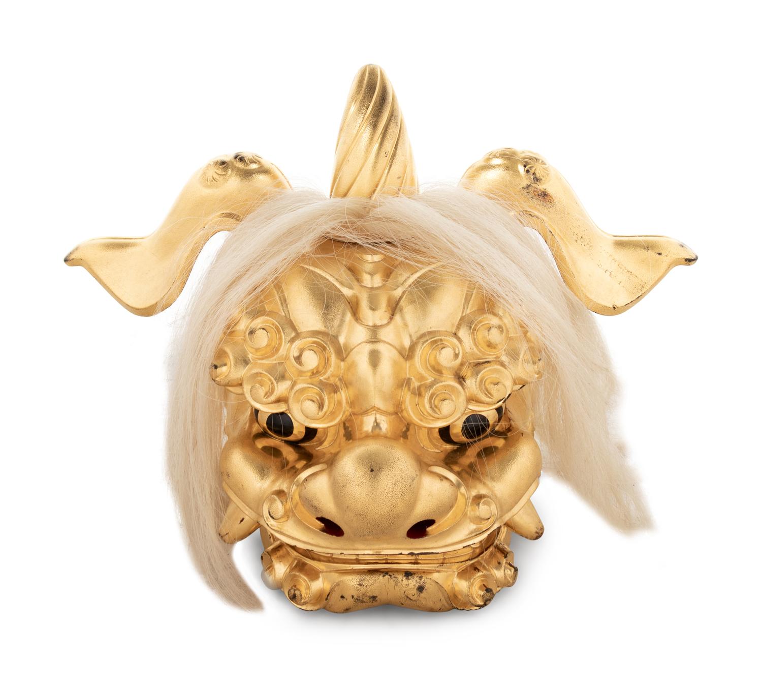 A Chinese Gilt Lacquered Dragon Head Ornament with Horse Hair Decoration