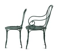 A Pair of Painted Metal Zodiac Patio Tables and Chairs