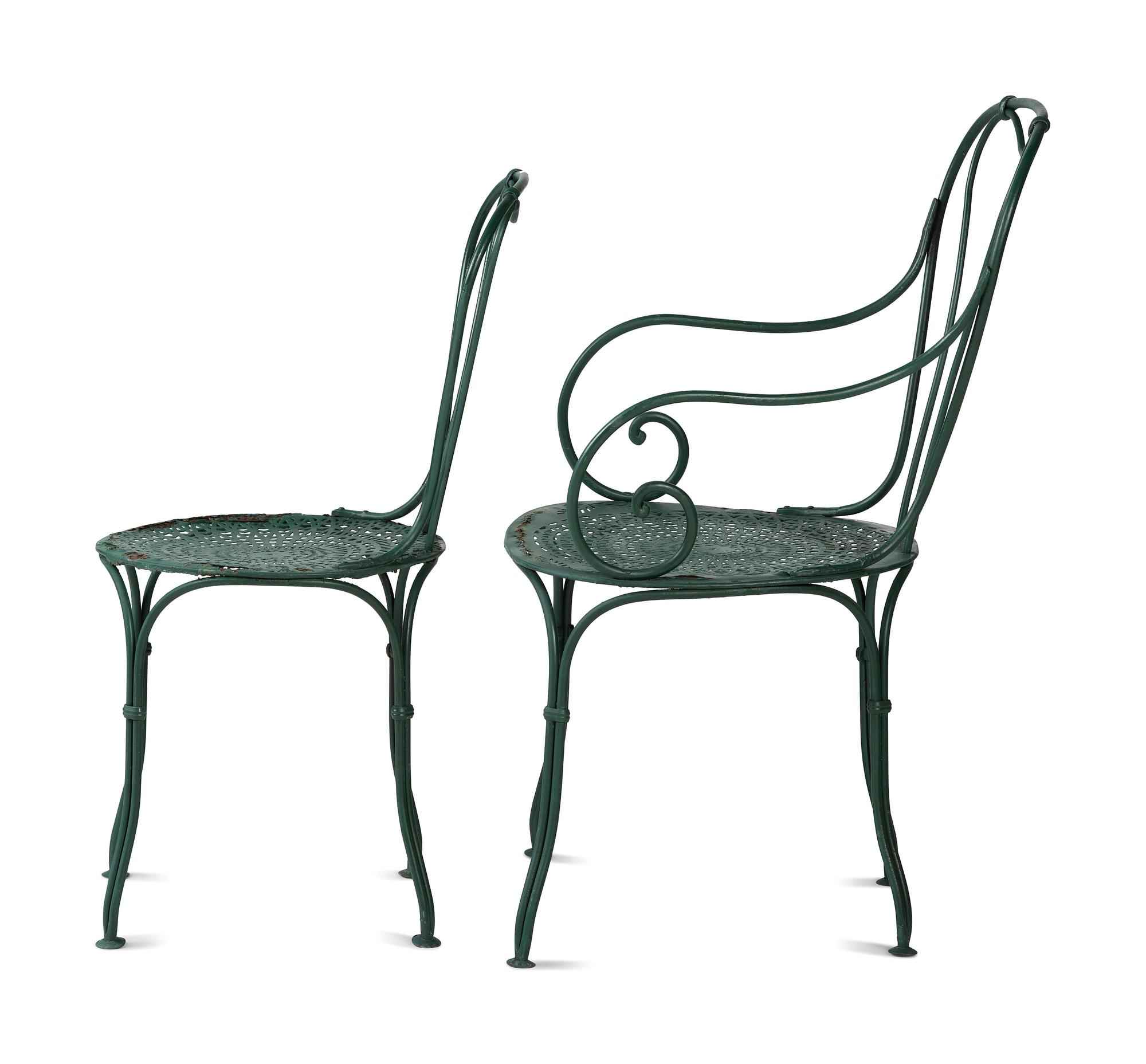 A Pair of Painted Metal Zodiac Patio Tables and Chairs