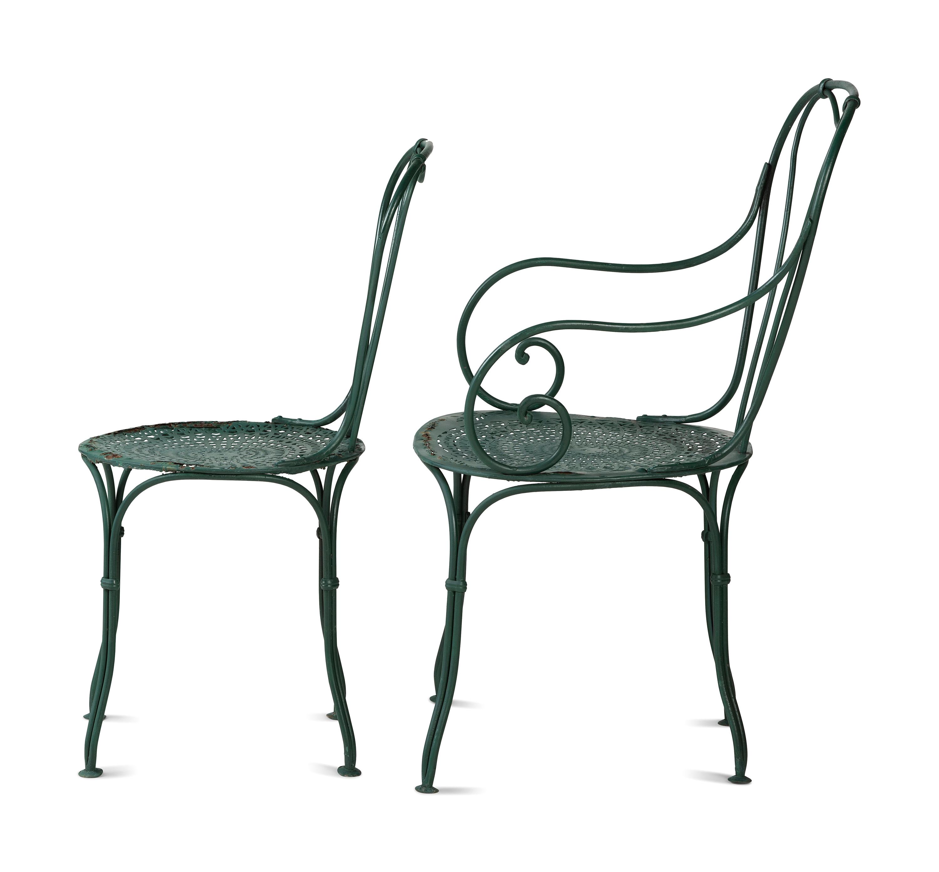 A Pair of Painted Metal Zodiac Patio Tables and Chairs