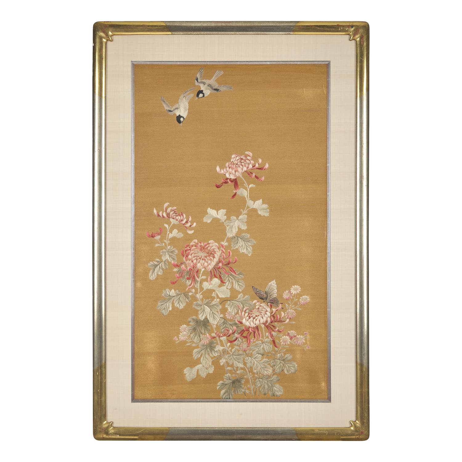 A Set of Four Finely Worked Japanese 'Birds and Flowers' Needlework Panels, Meiji Period 日本明治時期 織綉花鳥圖四幅