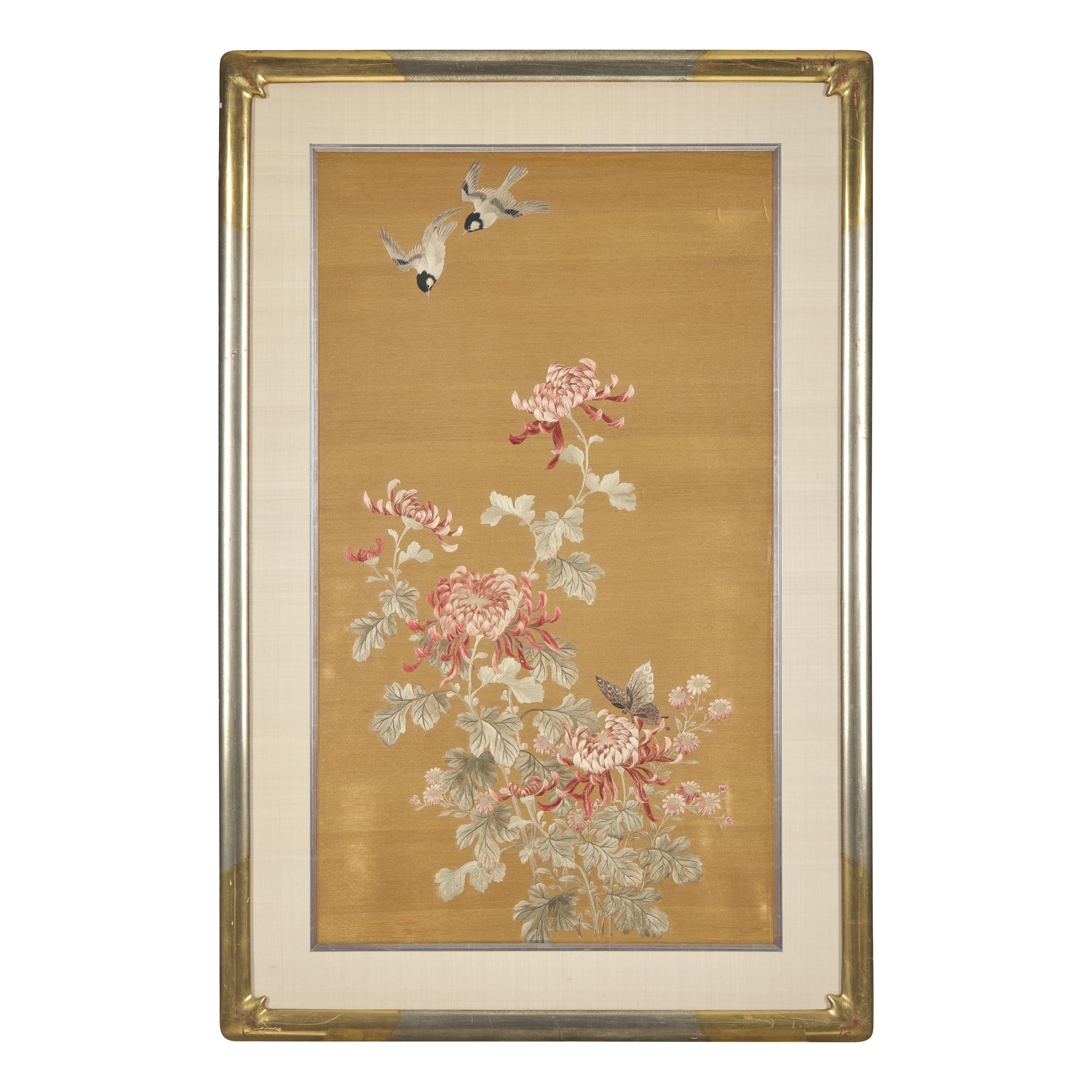 A Set of Four Finely Worked Japanese 'Birds and Flowers' Needlework Panels, Meiji Period 日本明治時期 織綉花鳥圖四幅