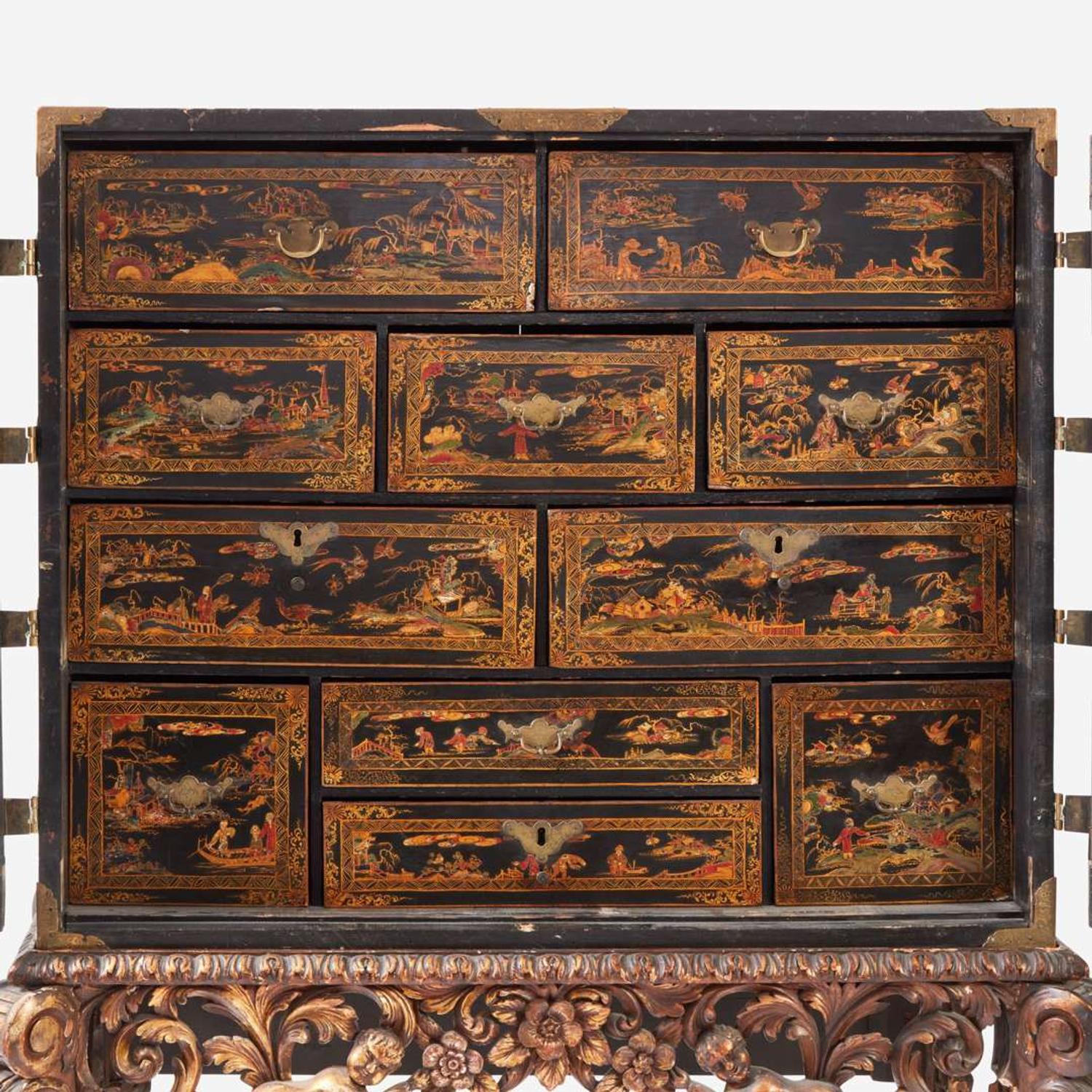 A George III Gilt Decorated Black Lacquered Cabinet on Stand late 18th century