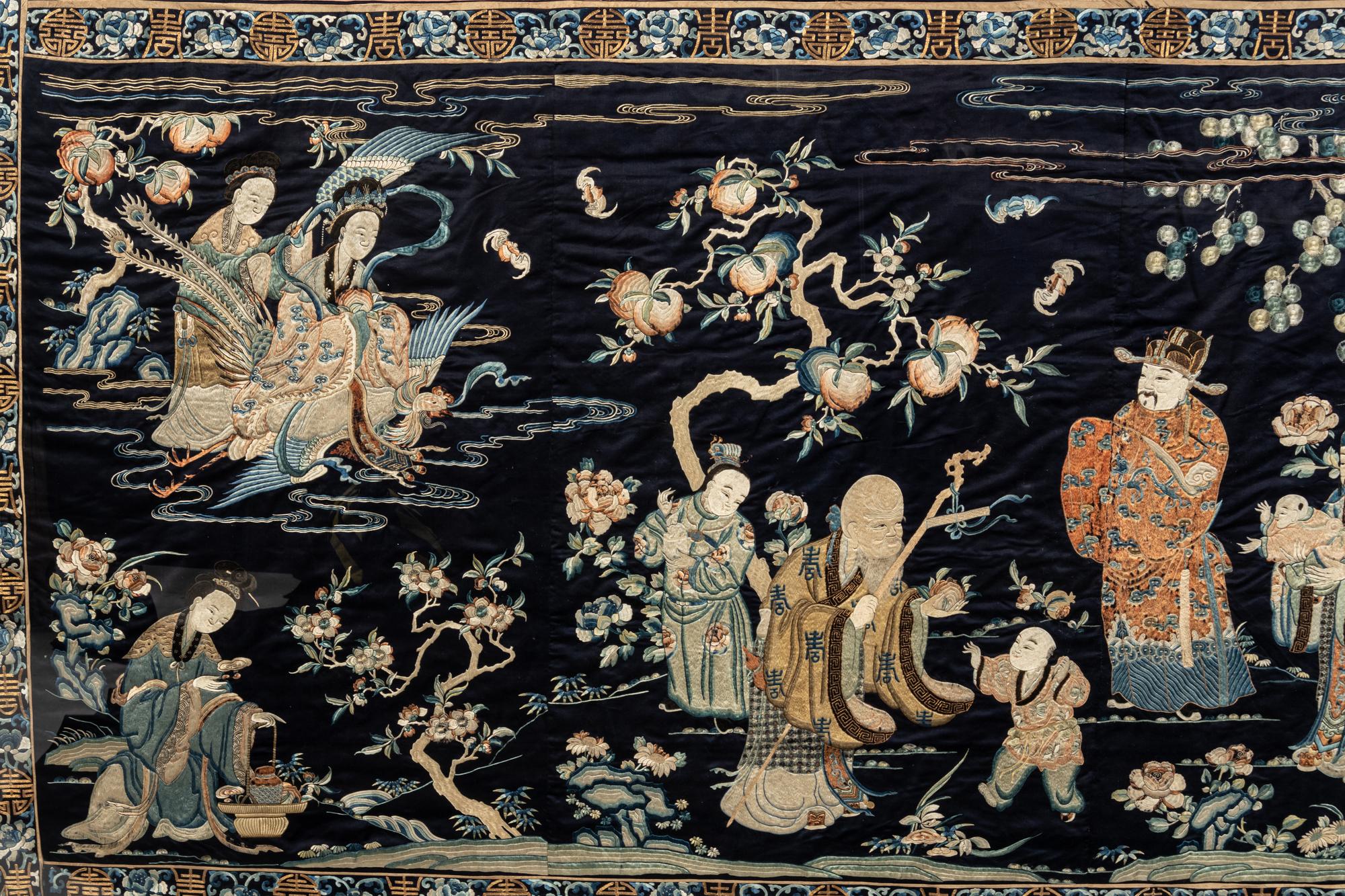 A Large Midnight Blue Satin Ground Embroidered Silk Panel