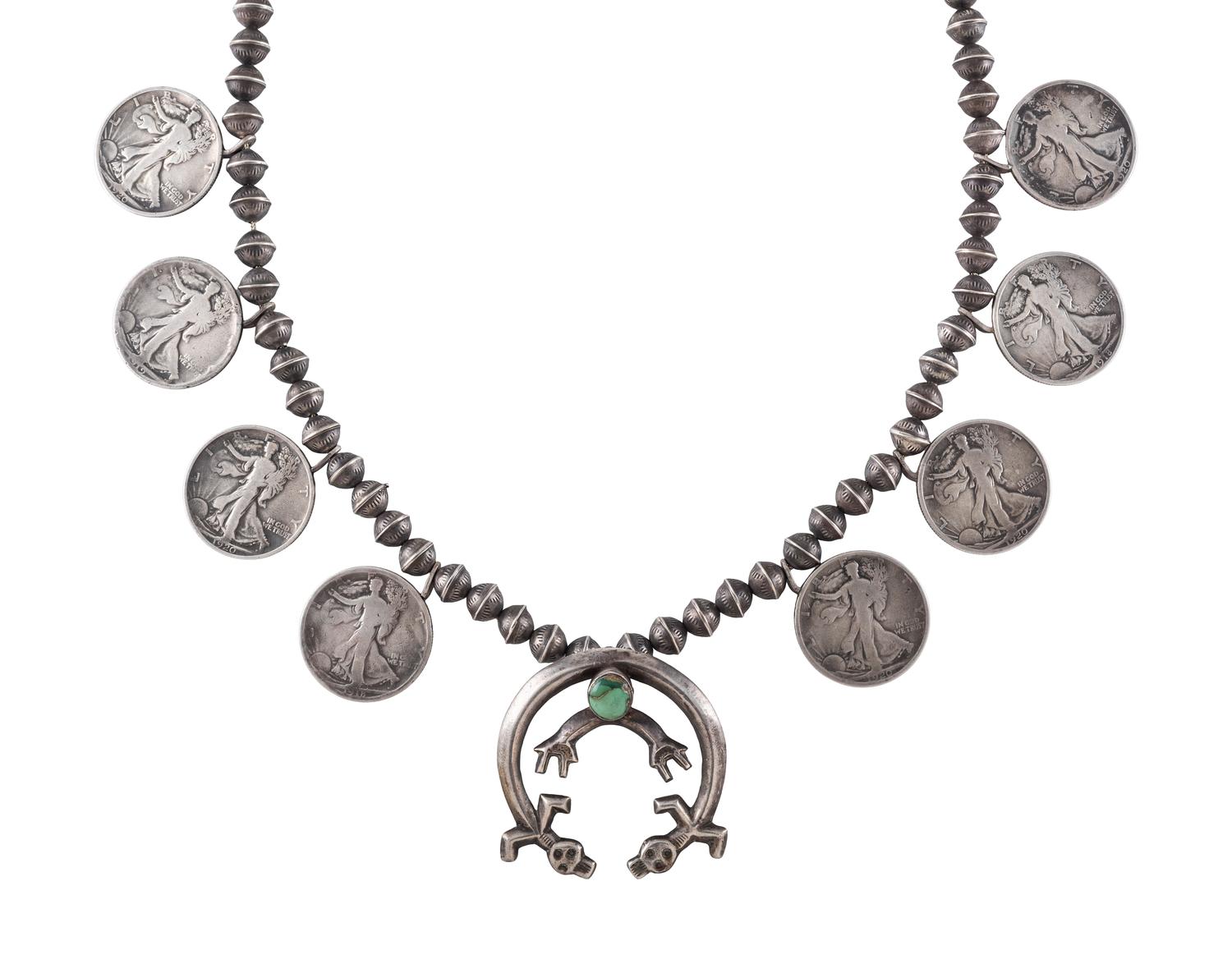 Navajo Silver, Coin, and Turquoise Squash Blossom Necklace