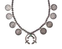 Navajo Silver, Coin, and Turquoise Squash Blossom Necklace
