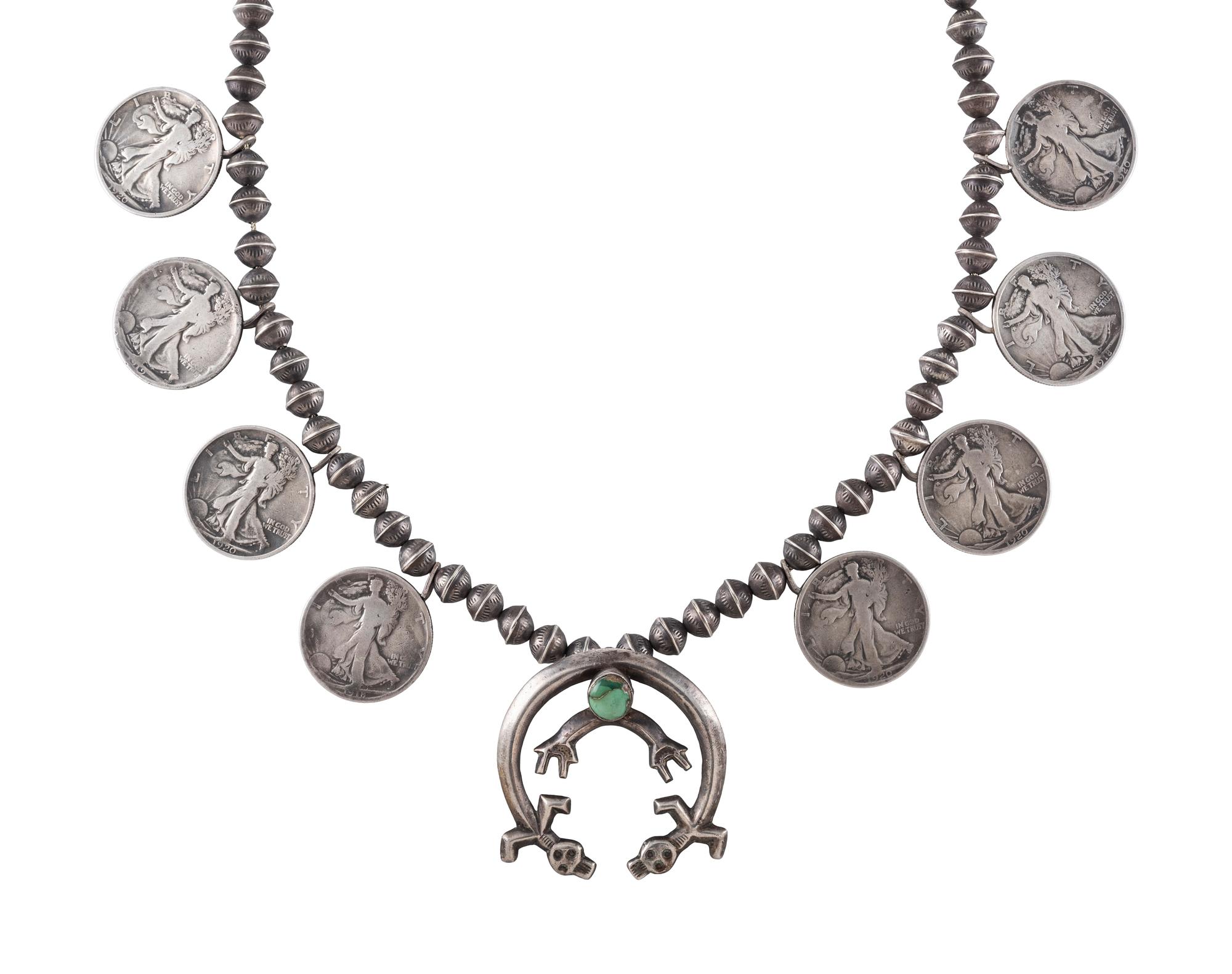 Navajo Silver, Coin, and Turquoise Squash Blossom Necklace