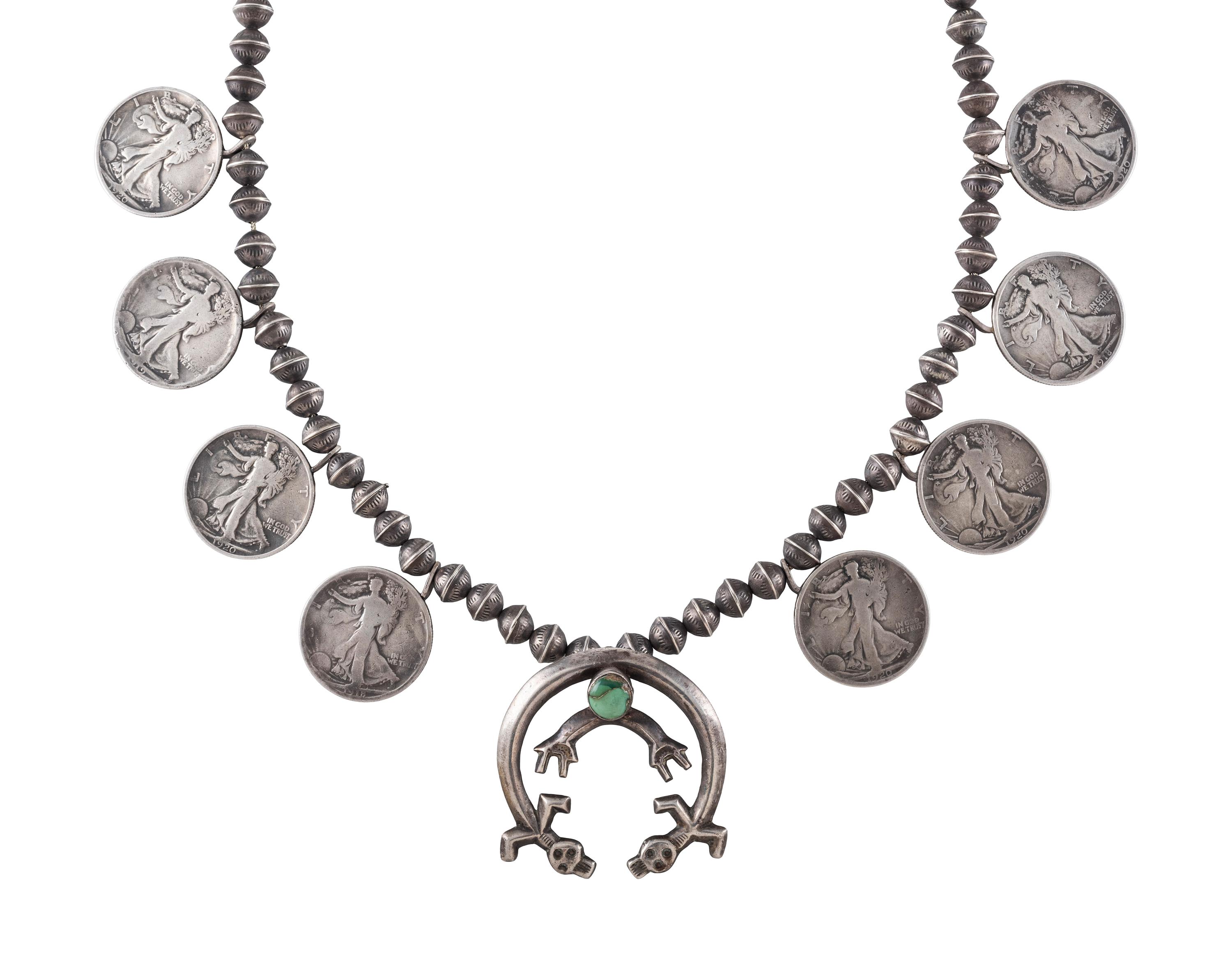 Navajo Silver, Coin, and Turquoise Squash Blossom Necklace
