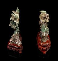 Two Chinese Spinach Jade Figural Groups of Birds
