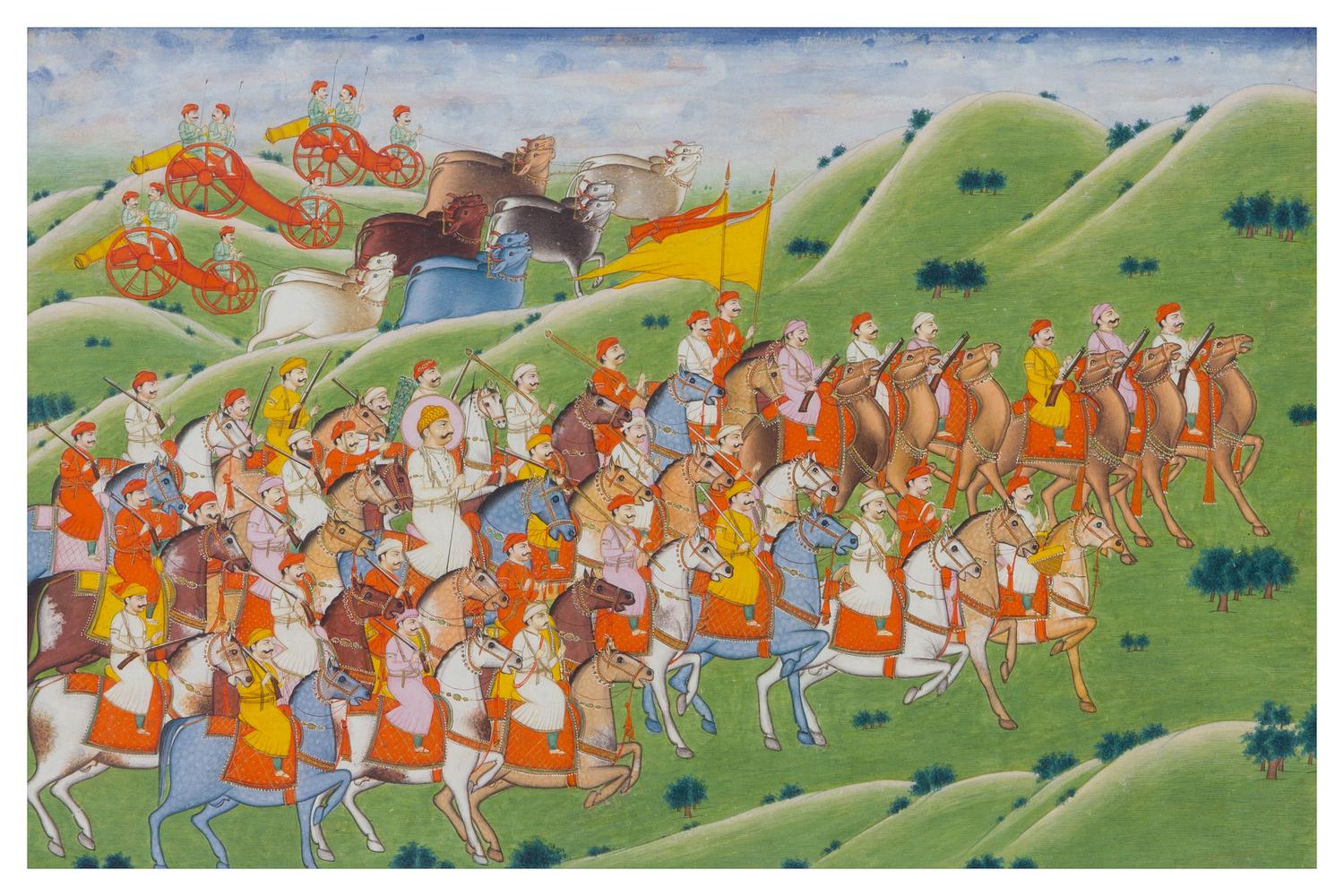 An Indian Gouache Painting Height overall 16 5/8 x width 21 5/8 inches.