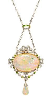 A Belle Epoque Platinum, Rose Gold, Opal, Diamond and Demantoid Garnet Necklace, 8.30 dwts.