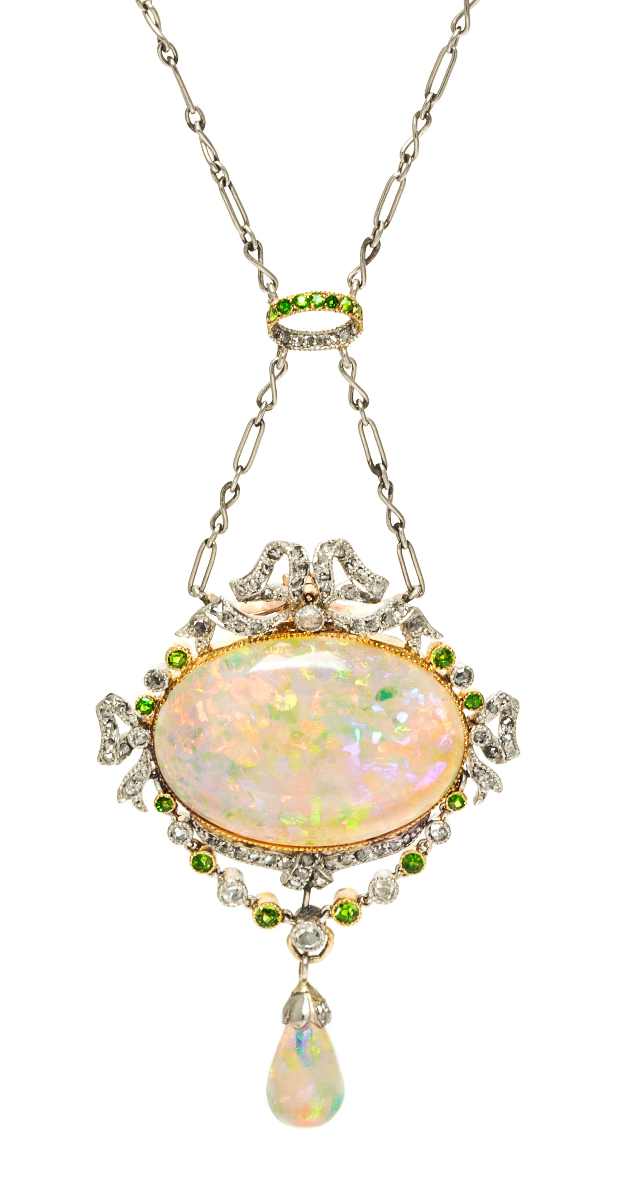 A Belle Epoque Platinum, Rose Gold, Opal, Diamond and Demantoid Garnet Necklace, 8.30 dwts.