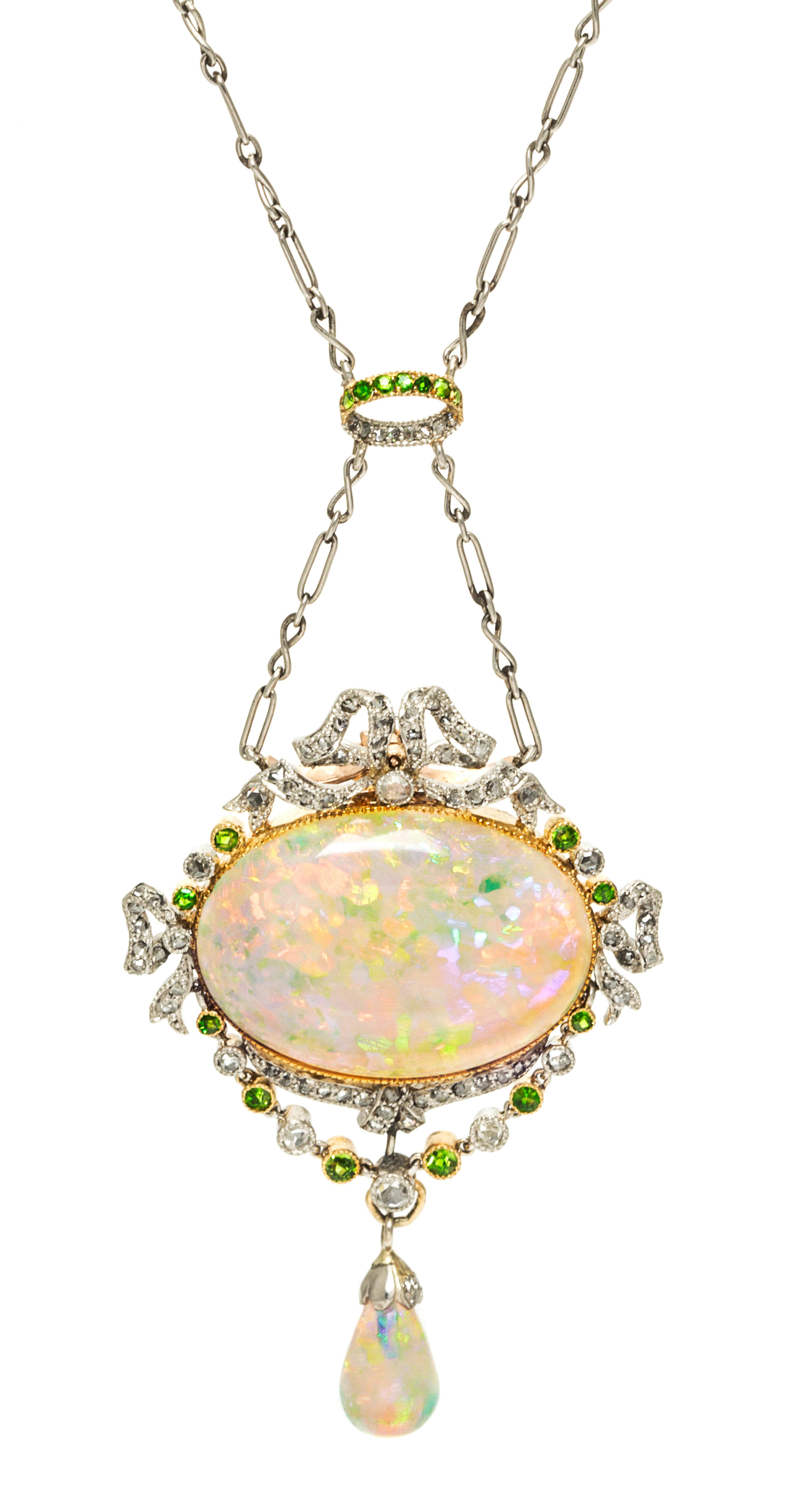 A Belle Epoque Platinum, Rose Gold, Opal, Diamond and Demantoid Garnet Necklace, 8.30 dwts.
