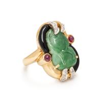 JADE, ONYX, RUBY, AND DIAMOND RING