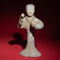 A Large Chinese Painted Pottery Lady with Drum, Han Dynasty — 漢 大型灰陶彩繪女鼓手