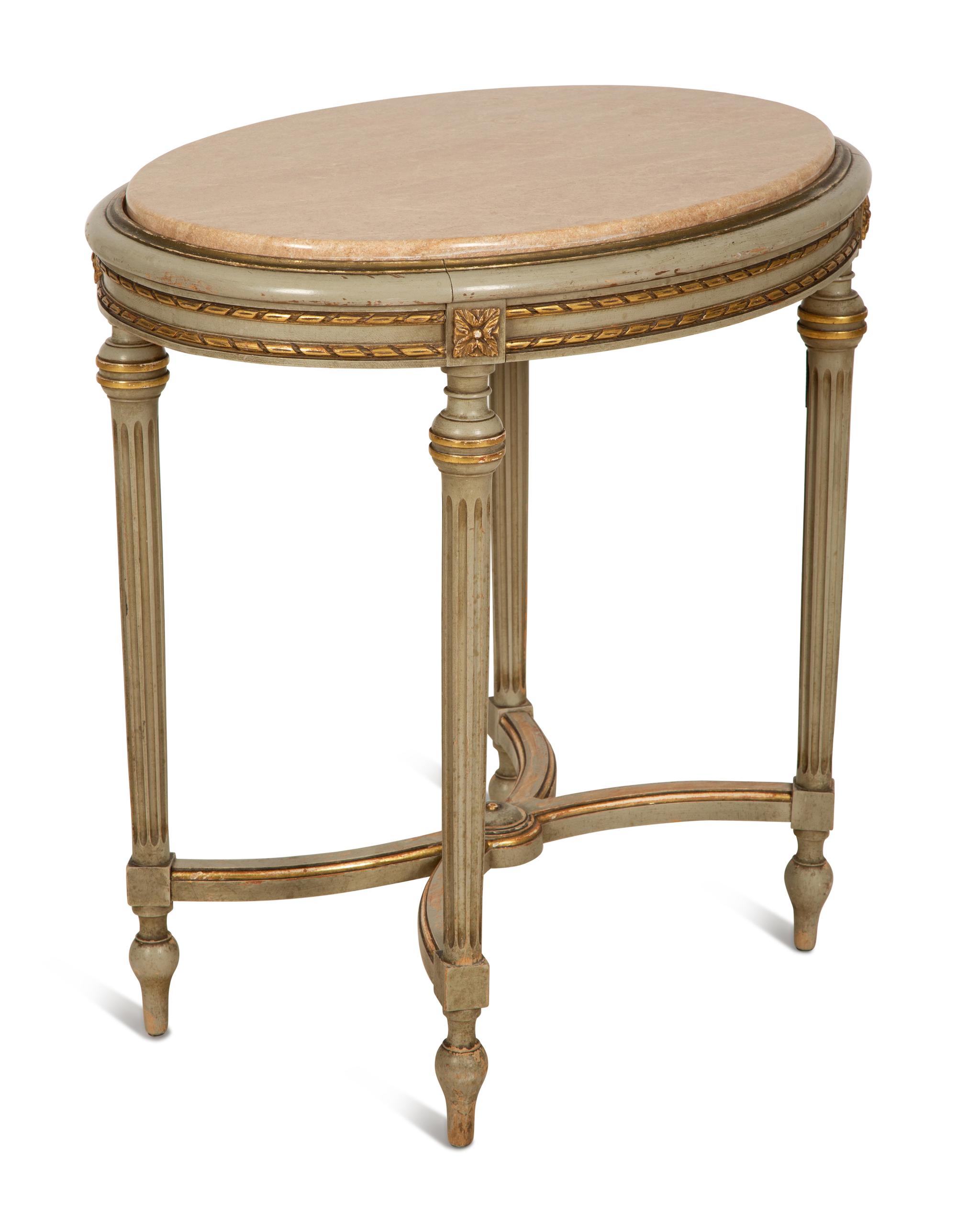 A Louis XVI Style Painted and Parcel Gilt Marble Top Oval Table — Early 20th Century