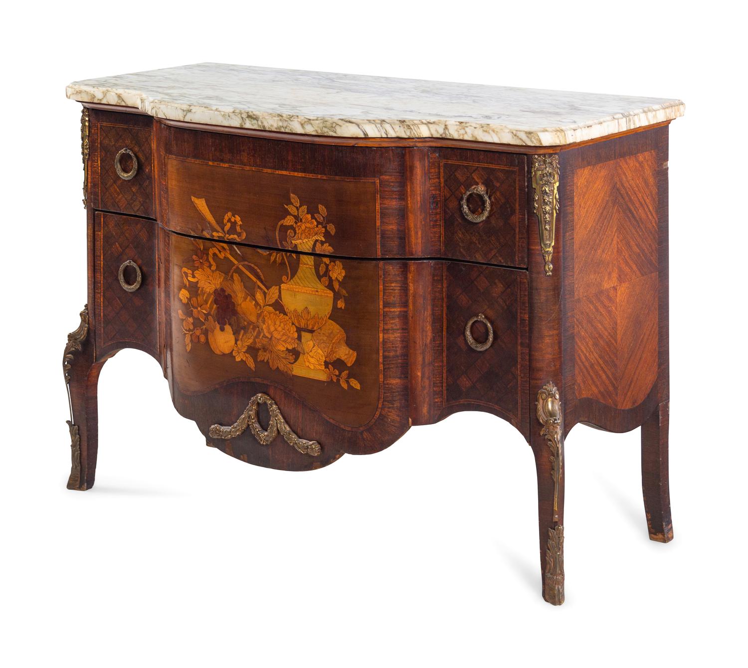 A Louis XV/XVI Transitional Style Gilt Bronze Mounted Marquetry Marble-Top Commode