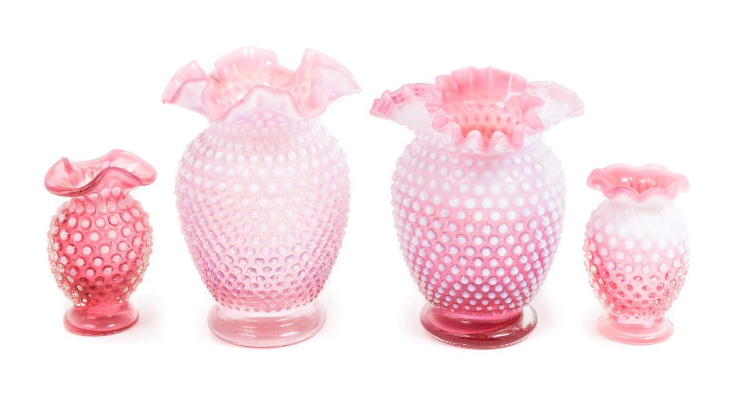 Two Near Pairs of Cranberry Habnail Vases Height of tallest 6 1/4 inches.