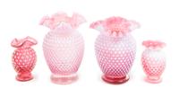Two Near Pairs of Cranberry Habnail Vases Height of tallest 6 1/4 inches.
