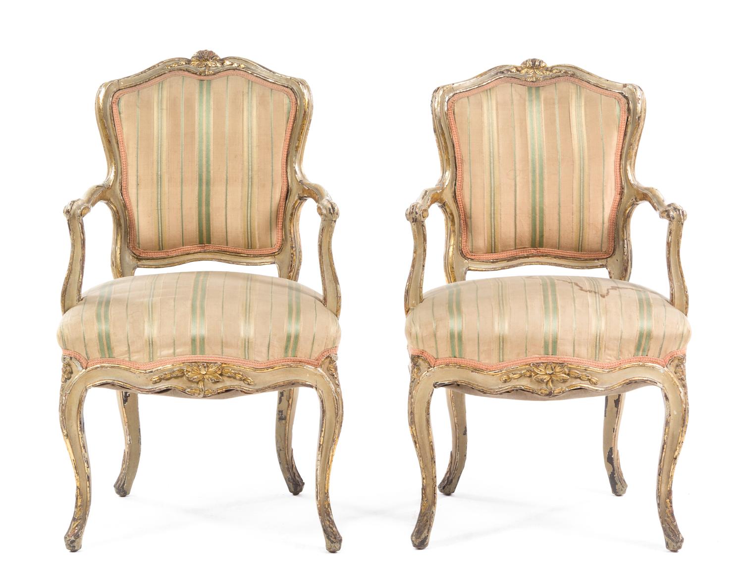 A Pair of Louis XV Style Painted Fauteuils Height 34 1/2 inches. — EARLY 20TH CENTURY
