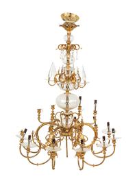 A Continental Brass and Glass Twelve-Light Chandelier