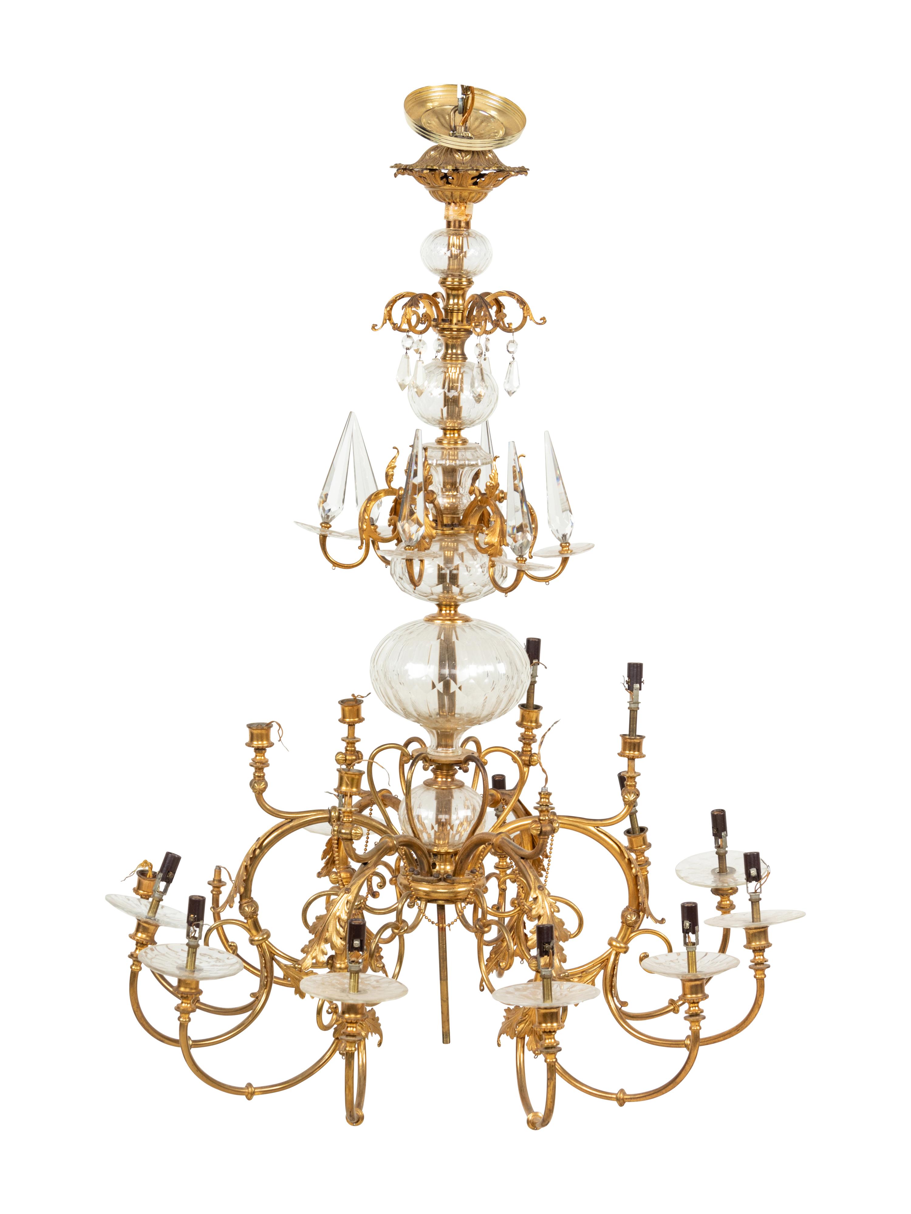 A Continental Brass and Glass Twelve-Light Chandelier
