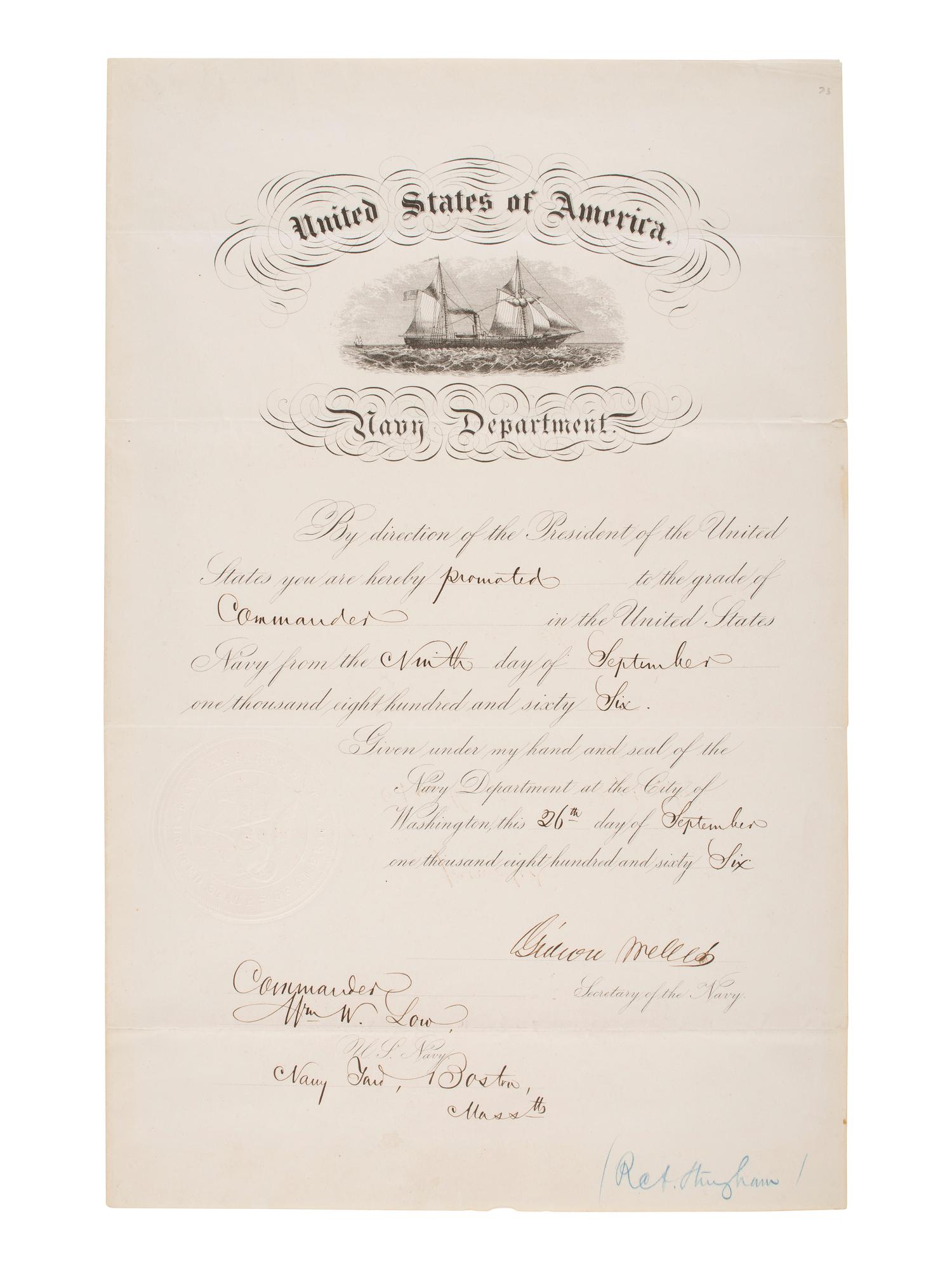 WELLES, Gideon (1802-1878). Naval appointment signed as Secretary of the Navy. 26 September 1866.