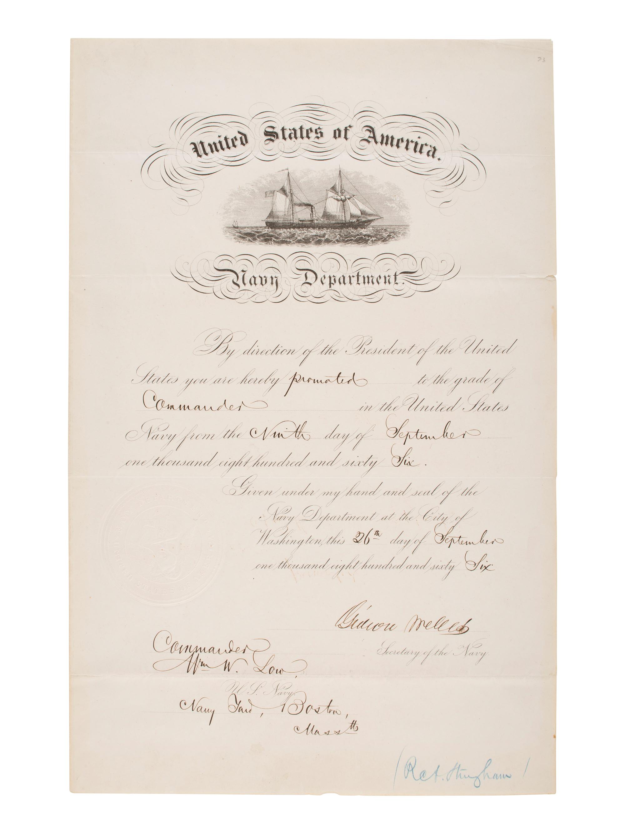 WELLES, Gideon (1802-1878). Naval appointment signed as Secretary of the Navy. 26 September 1866.