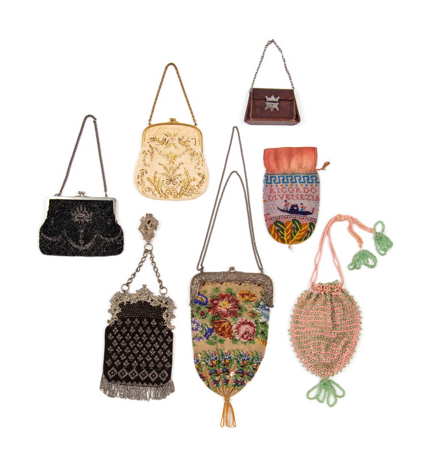 Collection of Sixteen Beaded and Embroidered Fabric and Leather Bags, 1850-1905