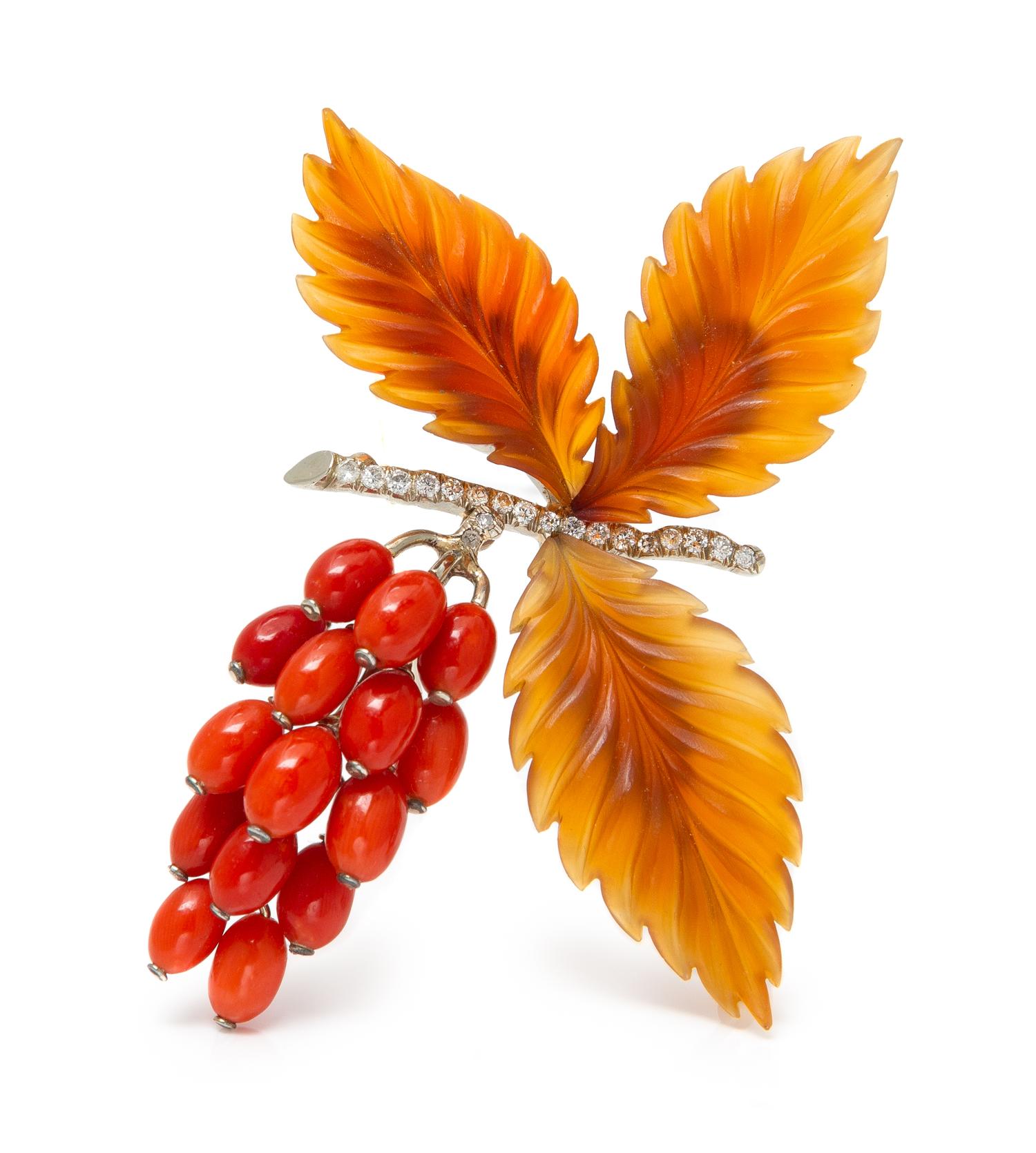 A 14 Karat White Gold, Coral, Diamond and Agate 'Berry' Brooch, Austrian, 20.40 dwts.