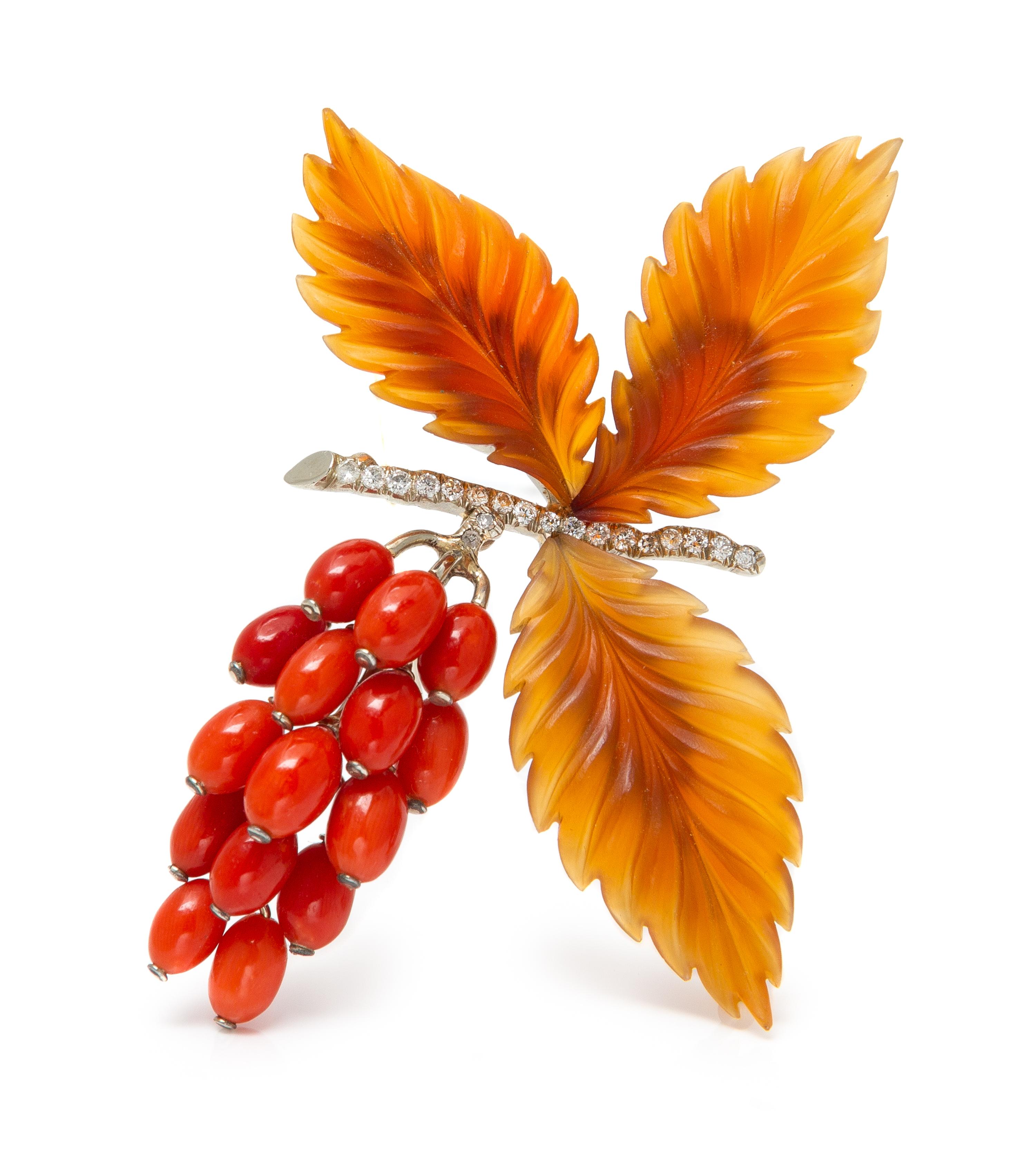 A 14 Karat White Gold, Coral, Diamond and Agate 'Berry' Brooch, Austrian, 20.40 dwts.