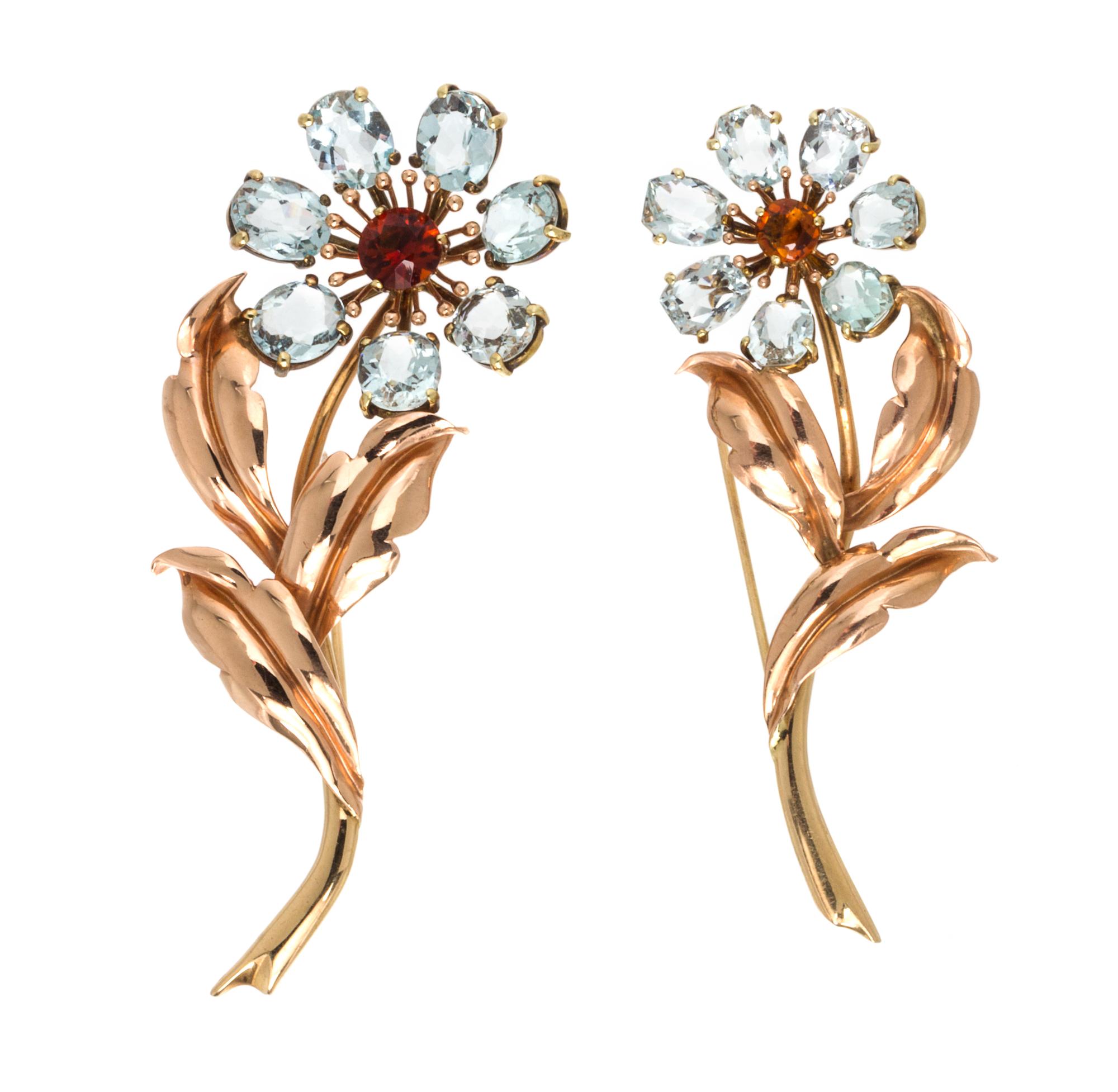 A Pair of Retro Rose Gold, Citrine and Aquamarine Flower Brooches, 20.90 dwts.