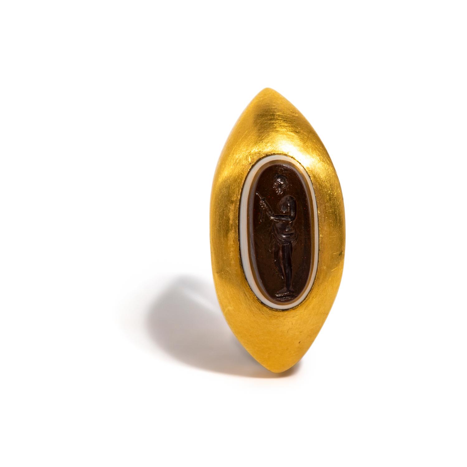 A Roman Banded Agate Intaglio with the Hero Theseus — Set in a gold ring