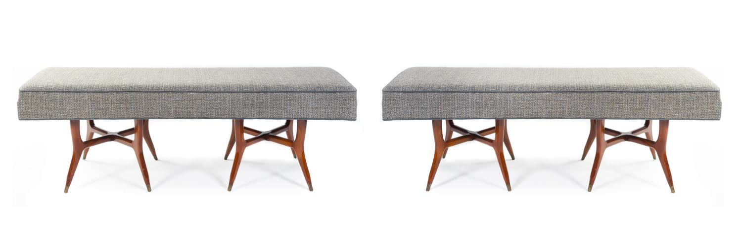 A Pair of Italian Upholstered Benches Height 21 x width 63 1/2 x depth 17 3/4 inches.