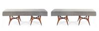 A Pair of Italian Upholstered Benches Height 21 x width 63 1/2 x depth 17 3/4 inches.