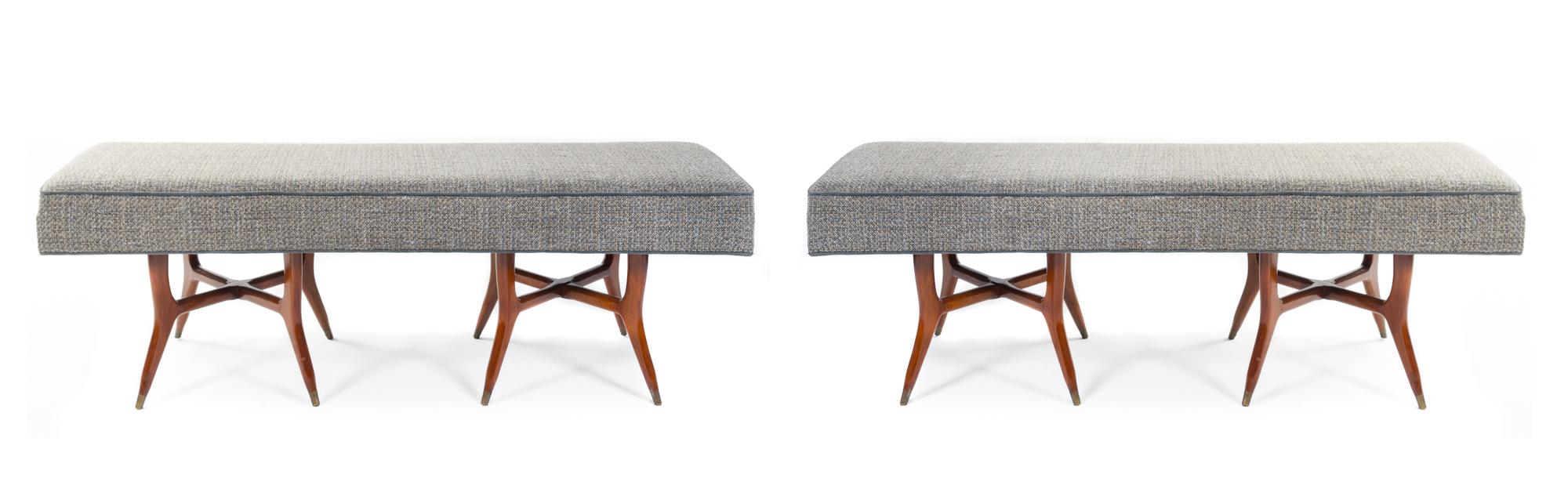 A Pair of Italian Upholstered Benches Height 21 x width 63 1/2 x depth 17 3/4 inches.