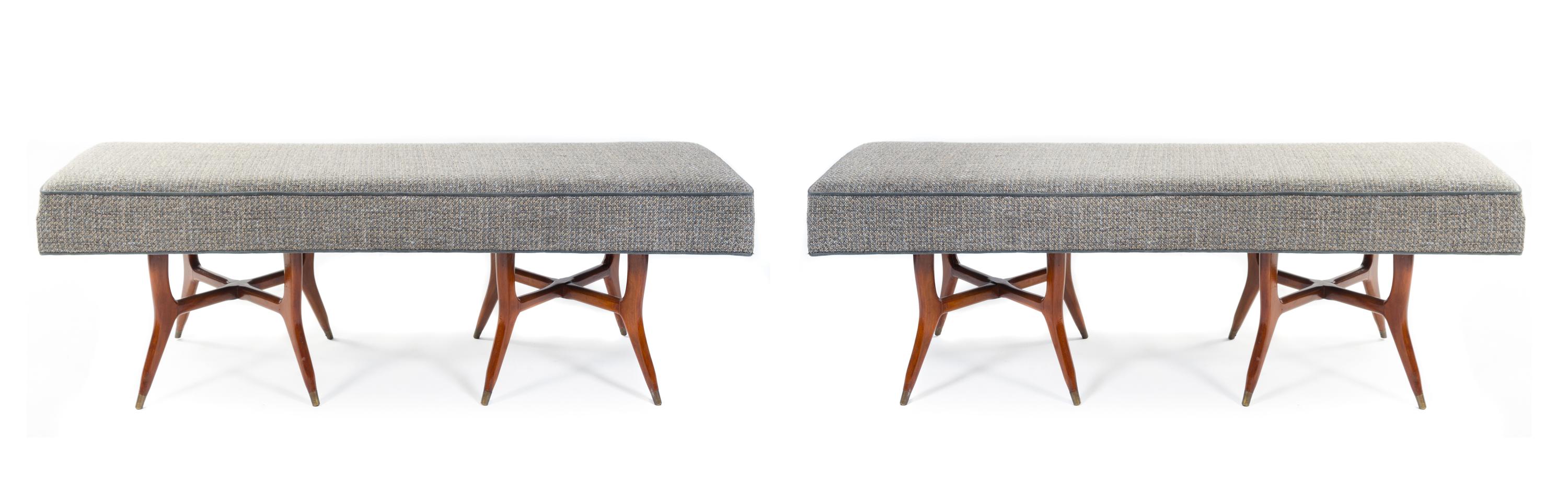 A Pair of Italian Upholstered Benches Height 21 x width 63 1/2 x depth 17 3/4 inches.