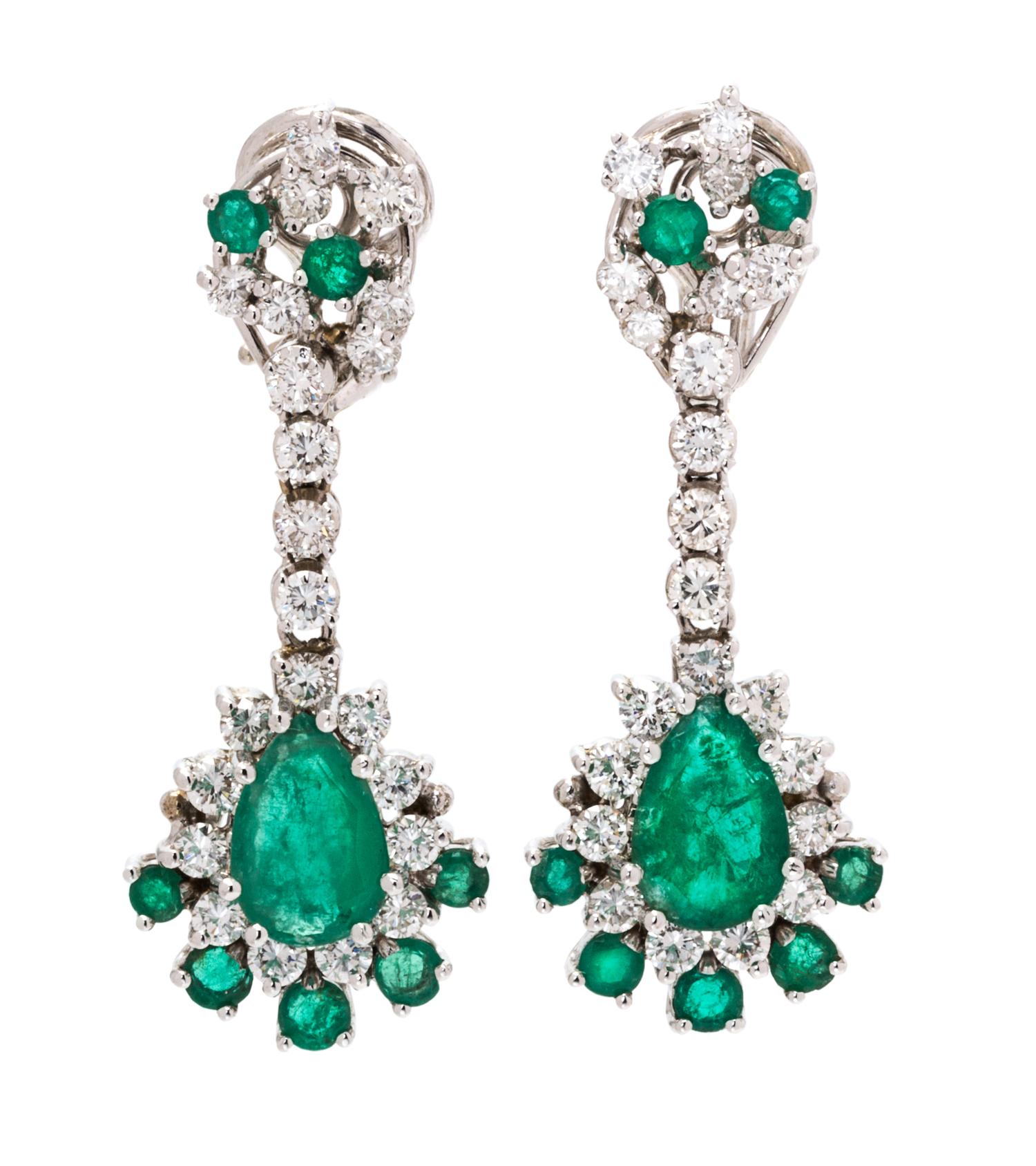 A Pair of White Gold, Emerald and Diamond Pendant Earclips, 7.20 dwts.