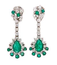 A Pair of White Gold, Emerald and Diamond Pendant Earclips, 7.20 dwts.
