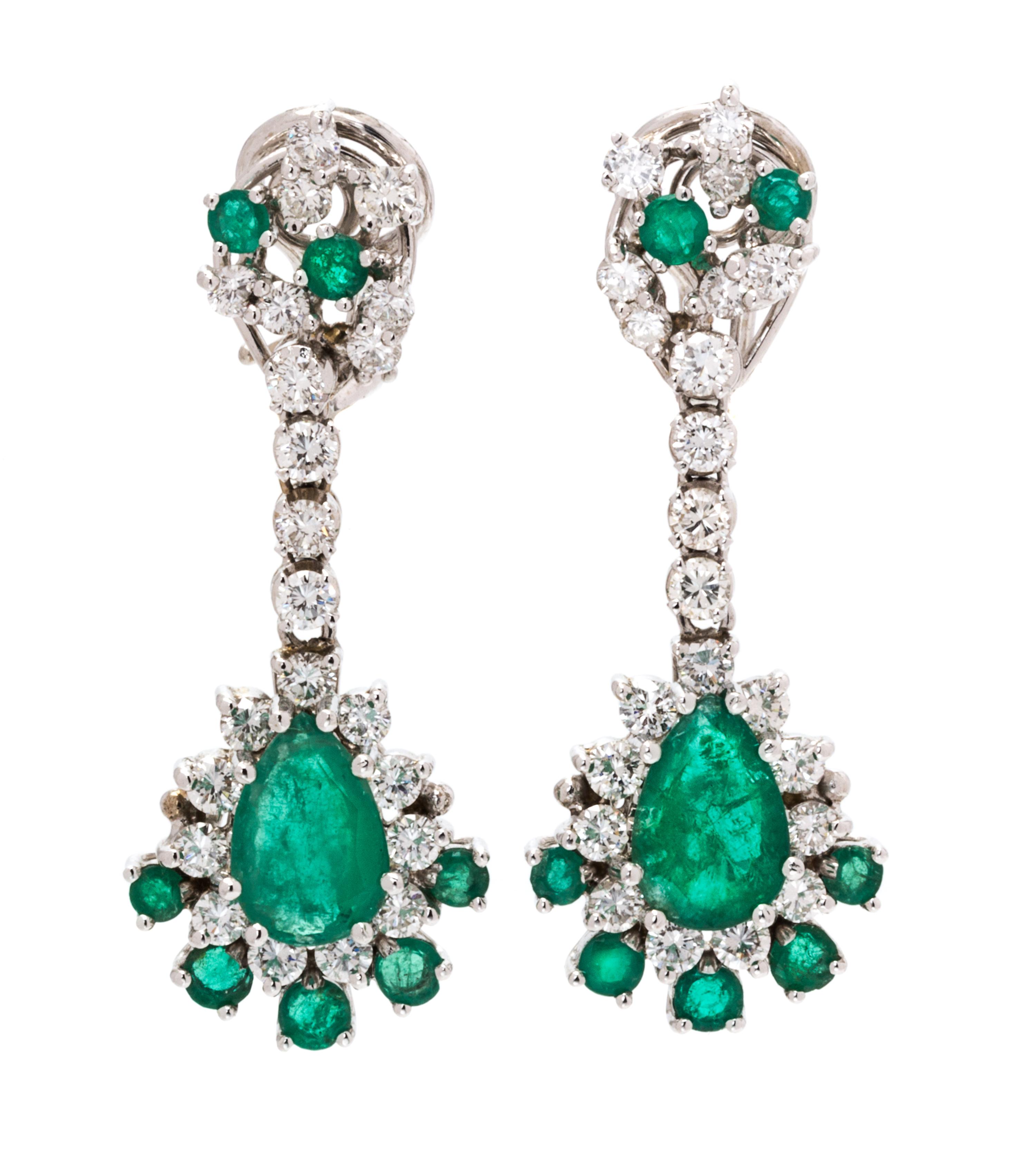 A Pair of White Gold, Emerald and Diamond Pendant Earclips, 7.20 dwts.